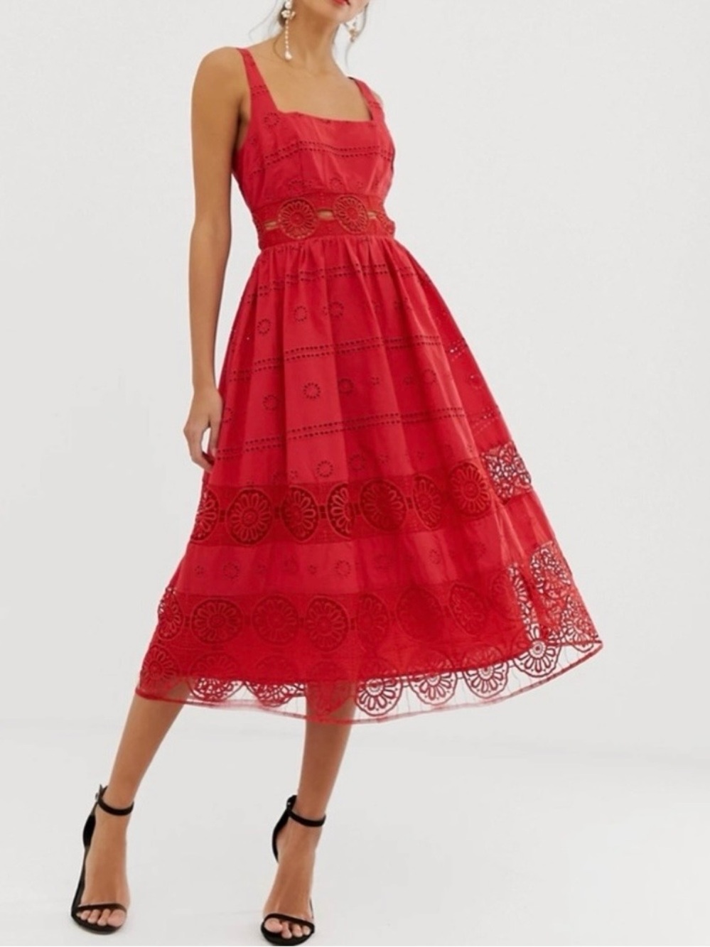 ASOS Red Eyelet Lace Midi Dress Square Neck Cottagecore Boho Size 12